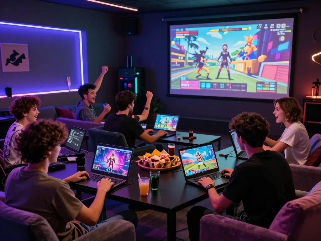 Friends enjoying interactive free sex games in a vibrant lounge setting.