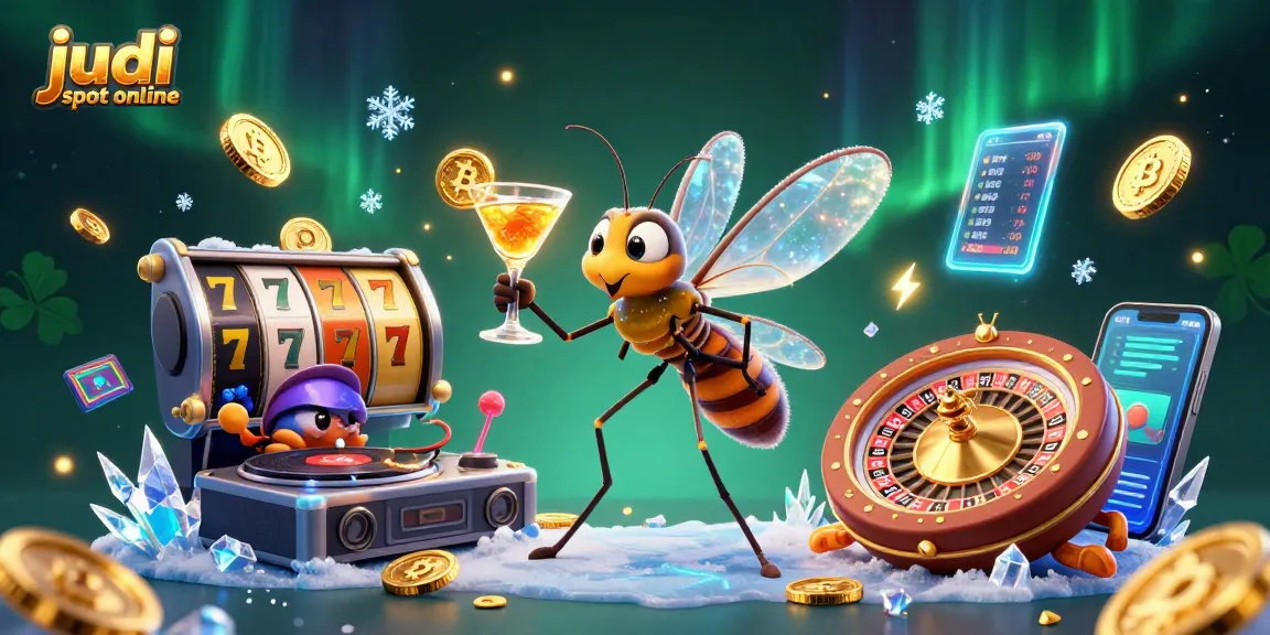 Engage in judi slot online with a vibrant scene featuring a mosquito mascot, trilobite DJ, and golden roulette for dynamic gaming.