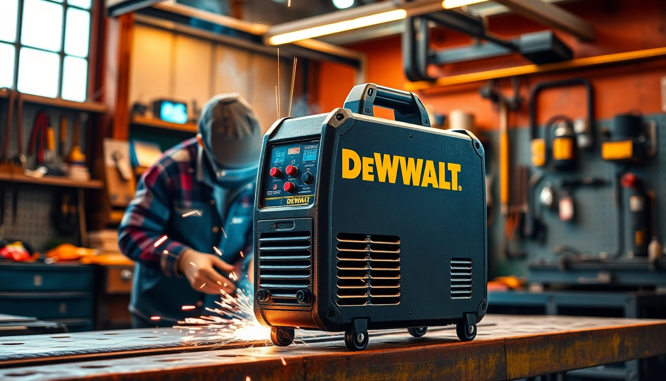 The DeWalt welding machine effectively welding metal in a busy workshop.