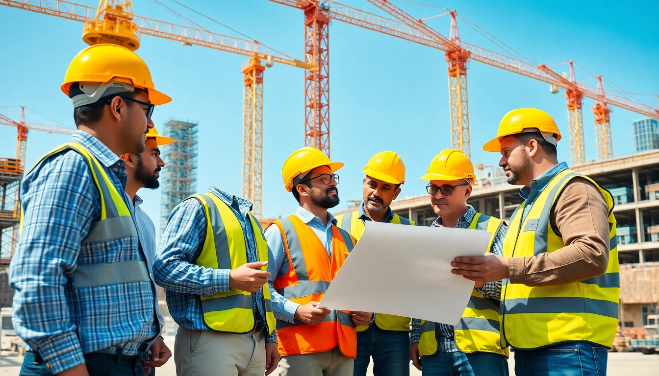 Engaged construction workforce development professionals strategizing on-site with plans.