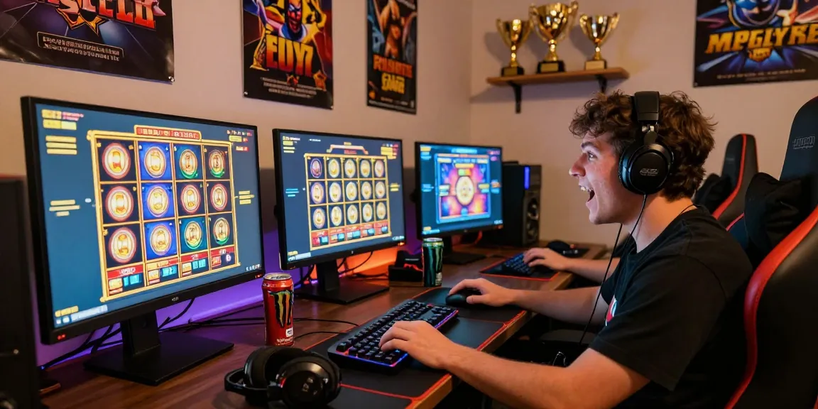 Exciting online gaming scene with slot gacor games on multiple screens, showcasing immersive gaming atmosphere.