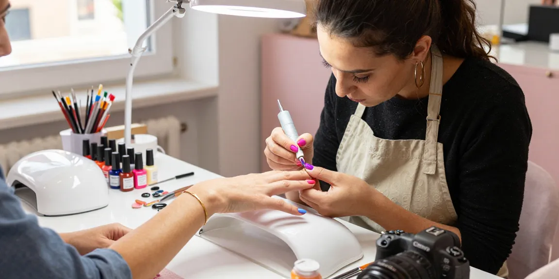 Aplicarea gelului pentru constructie unghii într-un salon de unghii vibrant, cu produse colorate și lumină naturală.