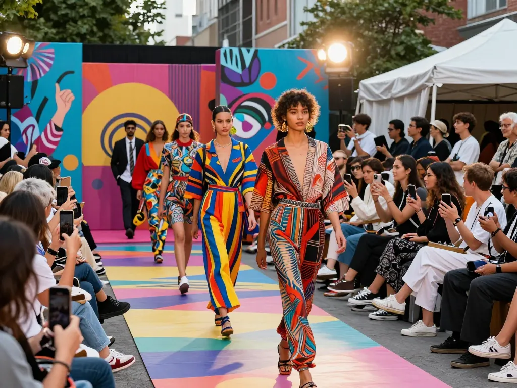 Fashion runway show featuring stylish models in vibrant designs under bright lights.