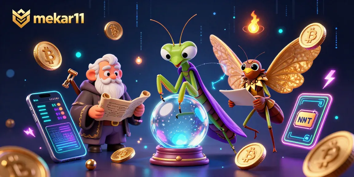 Mekar11 showcases a mystical casino scene with vibrant characters, Bitcoin, and Ethereum elements.