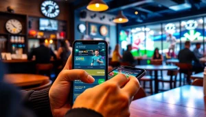 Engaging visual of best sports betting apps in India shown on a smartphone in a lively café environment