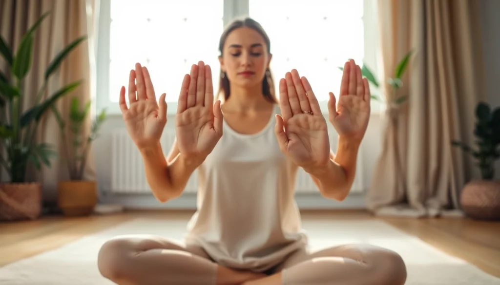 Practicing yoga mudras with focused hands in a calm environment for mindfulness