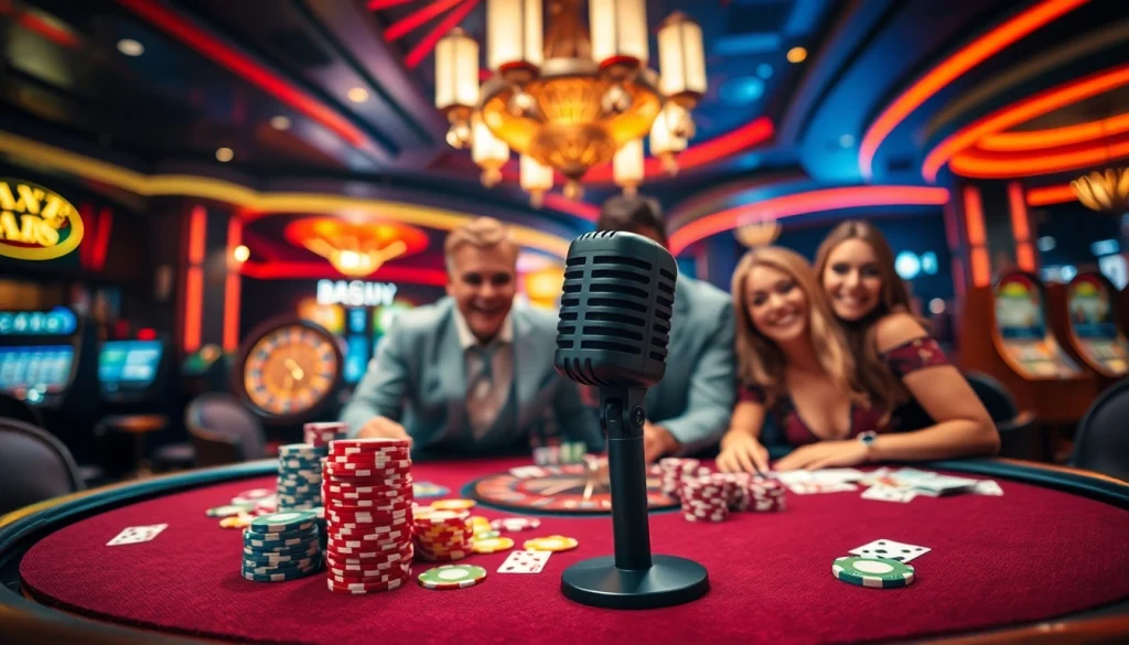 Winning gamblers celebrating at a poker table in a luxurious casino, with MV 88 microphone capturing the moment.