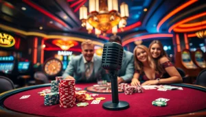 Winning gamblers celebrating at a poker table in a luxurious casino, with MV 88 microphone capturing the moment.