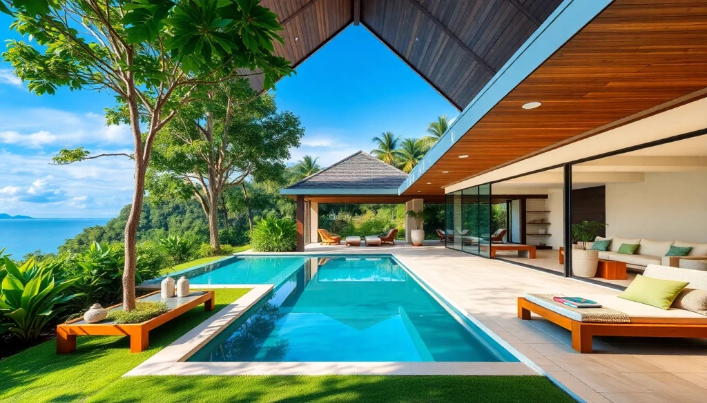 Showcasing Phuket property management, a stunning tropical villa surrounded by lush gardens and blue skies.