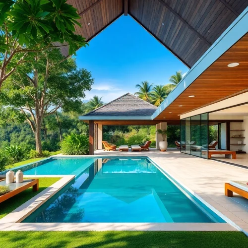 Showcasing Phuket property management, a stunning tropical villa surrounded by lush gardens and blue skies.