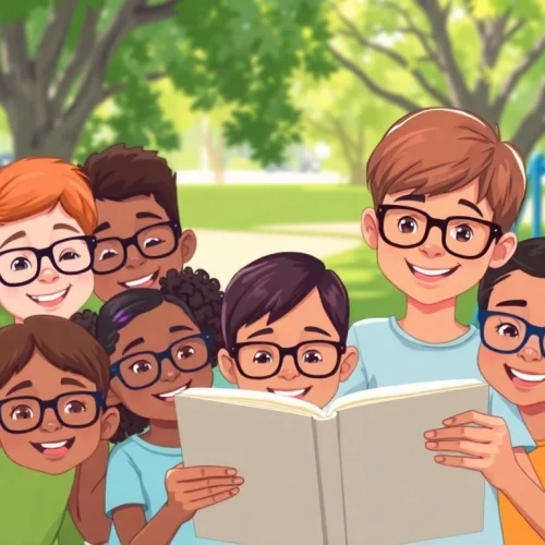 Highlighting Our Children's Vision through happy children enjoying reading and outdoor activities.