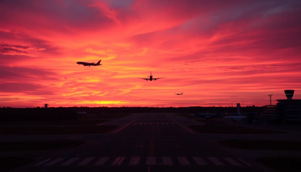 Luton Airport runway with planes taking off at sunset, showcasing vibrant colors and lively atmosphere.