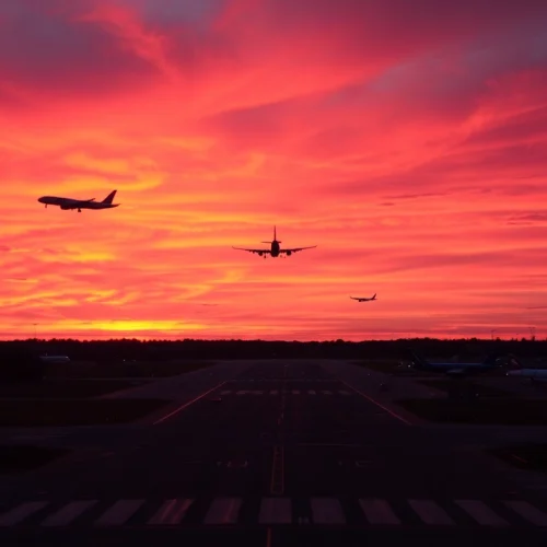 Luton Airport runway with planes taking off at sunset, showcasing vibrant colors and lively atmosphere.