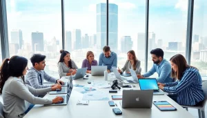 Team collaborating on social media strategies at https://boost-social-media.com in a bright office.