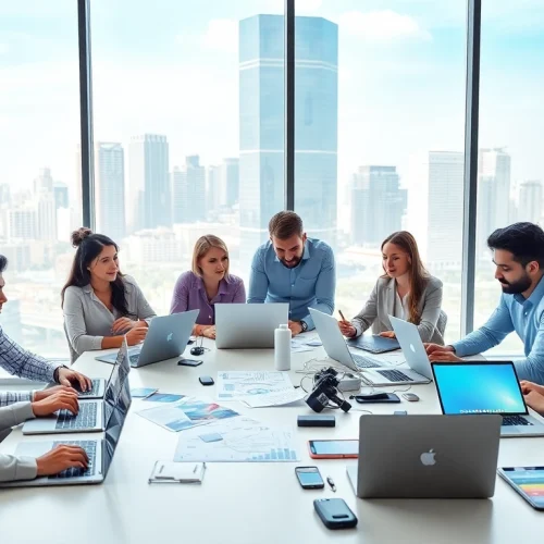 Team collaborating on social media strategies at https://boost-social-media.com in a bright office.