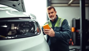 Unfall Auto Gutachter bewertet sorgfältig den Schaden an einem Fahrzeug unter realistischen Bedingungen.