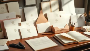 Showcasing unique designs of a stationery company with elegant personalized stationery items arranged beautifully.
