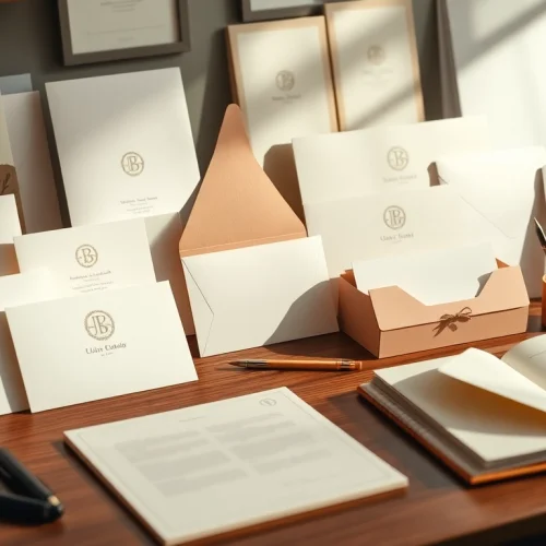 Showcasing unique designs of a stationery company with elegant personalized stationery items arranged beautifully.