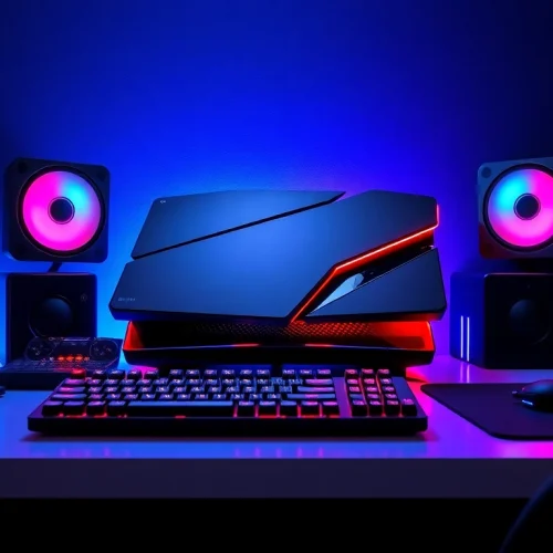 Showcase the sleek RR88 gaming console with vibrant accessories in an immersive setup.