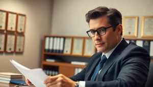 Reviewing case files with a professional lawyer at https://www.aafloridalawyer.com in a modern office environment.