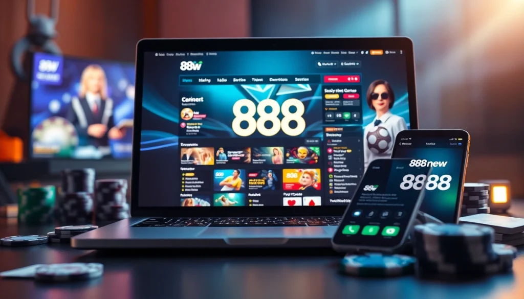 Dynamic online gambling interface of 888 new showcasing games and user-friendly features.