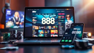 Dynamic online gambling interface of 888 new showcasing games and user-friendly features.