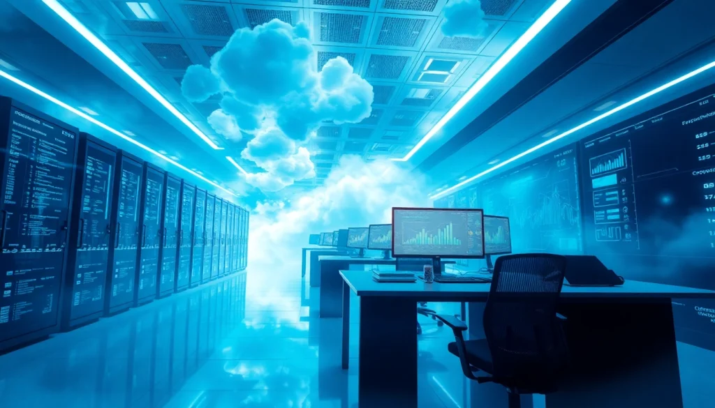 Explora Cloud Solutions con gráficos de rendimiento en servidores virtuales, mostrando alta tecnología.