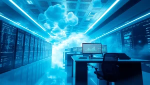 Explora Cloud Solutions con gráficos de rendimiento en servidores virtuales, mostrando alta tecnología.