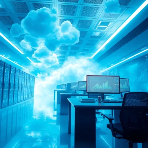 Explora Cloud Solutions con gráficos de rendimiento en servidores virtuales, mostrando alta tecnología.