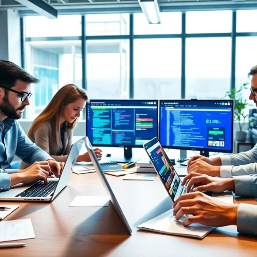 Offering expert wordpress services through a collaborative team at a modern workspace.