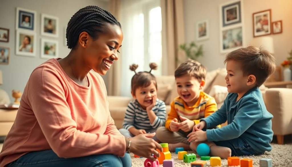 Find a trusted nanny in Dubai happily playing with children in a cozy living room.