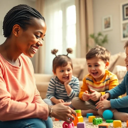 Find a trusted nanny in Dubai happily playing with children in a cozy living room.