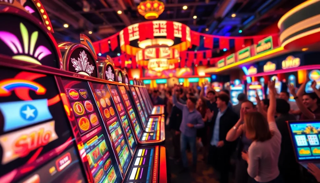 Slot mesin kasino yang menghibur banyak pengunjung dalam suasana meriah.