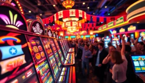 Slot mesin kasino yang menghibur banyak pengunjung dalam suasana meriah.