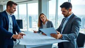 Real estate international agents collaborating in a modern office setting.
