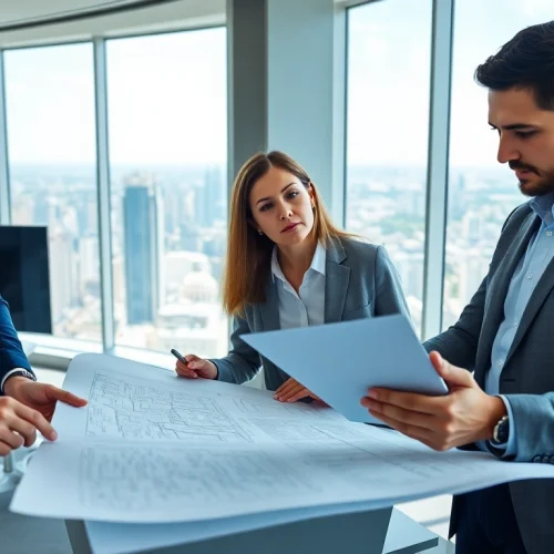 Real estate international agents collaborating in a modern office setting.