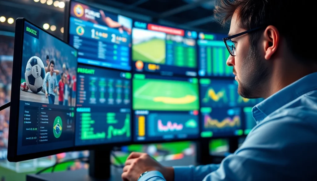 Engaged sports betting in Brazil enthusiast analyzing statistics on digital devices surrounded by vibrant sports graphics.