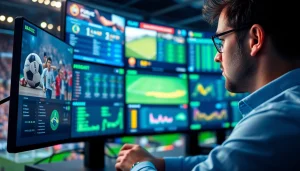 Engaged sports betting in Brazil enthusiast analyzing statistics on digital devices surrounded by vibrant sports graphics.