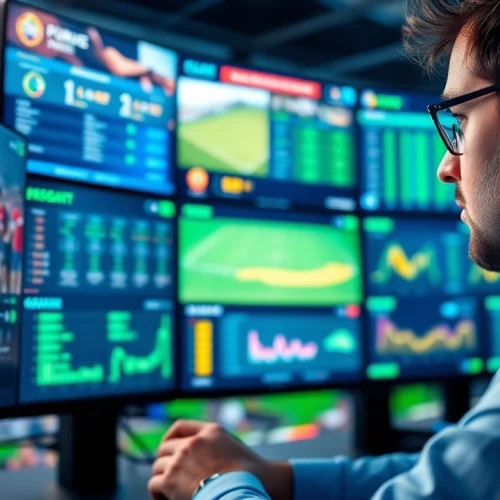 Engaged sports betting in Brazil enthusiast analyzing statistics on digital devices surrounded by vibrant sports graphics.