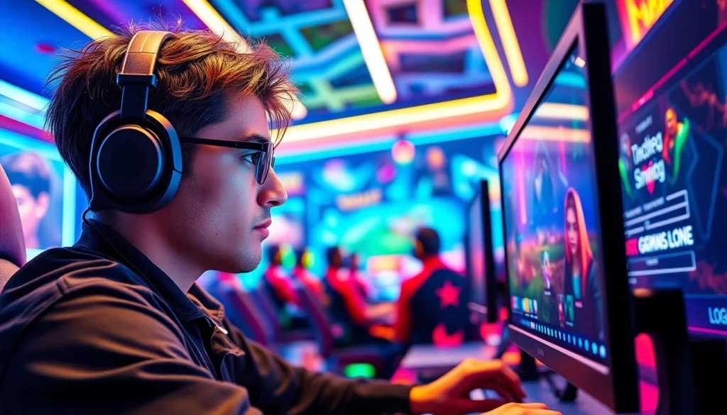 Mengakses scater4d login game dengan antusias di lingkungan game yang futuristik dan dinamis.