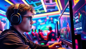 Mengakses scater4d login game dengan antusias di lingkungan game yang futuristik dan dinamis.