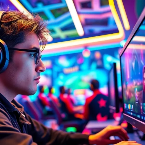 Mengakses scater4d login game dengan antusias di lingkungan game yang futuristik dan dinamis.