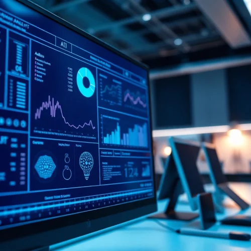 Analyze data with advanced visuals at https://benchbot.ai in a modern tech office setting