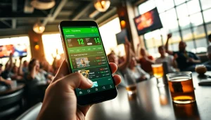 Betting interface of the best sports betting apps in India on a phone in a lively sports bar.