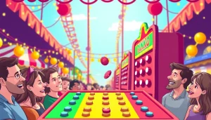 Players enjoy the excitement of a plinko game as they drop chips down a colorful board.