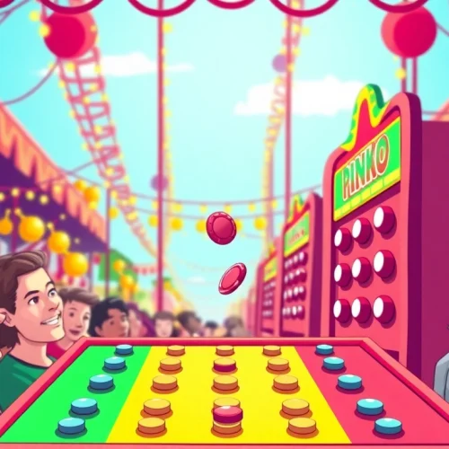 Players enjoy the excitement of a plinko game as they drop chips down a colorful board.