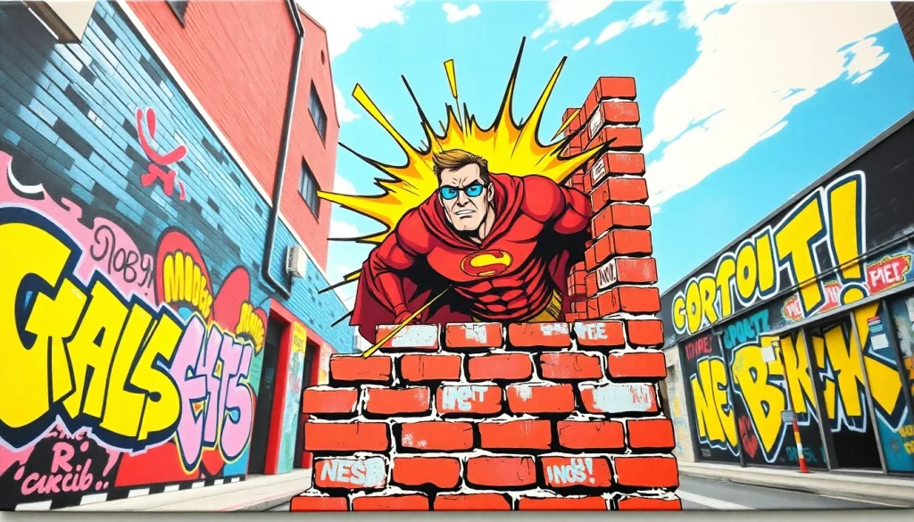 Witness the captivating pop art canvas depicting a superhero in a vibrant urban setting.