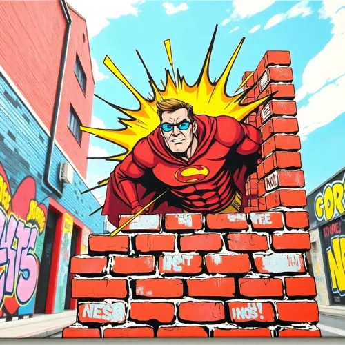 Witness the captivating pop art canvas depicting a superhero in a vibrant urban setting.