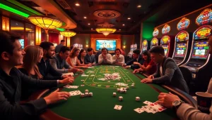 Players engaging in excitement with poker chips and cards at https://xx88.pizza/ luxury casino table.