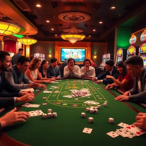 Players engaging in excitement with poker chips and cards at https://xx88.pizza/ luxury casino table.